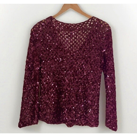 IISLI Womens sz L 100% Wool Burgundy Sequins Pullover Sweater Top Open Knit - Picture 2 of 6